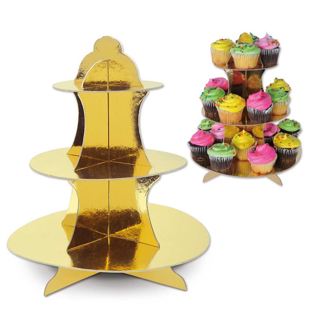 Beistle Club Pack of 12 Decorative Holiday Round Metallic Gold Snack/Cupcake Stands 13.5”